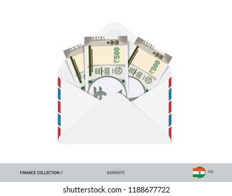 500 Indian Rupee Banknotes in envelope. Flat style opened white envelope with cash. Salary payout or corruption concept.