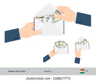 500 Indian Rupee Banknotes in envelope hold in hand. Set of flat style opened white envelopes with cash. Salary payout or corruption concept.