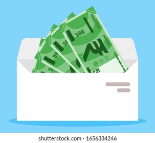 500 Indian Rupee Money in envelope vector icon logo illustration and design. Salary, royalty, revenue, payment and finance element.  Can be used for web, mobile, infographic and print.