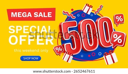500 percent Special offer mega sale, Check and gift box. Sale banner and poster. Vector illustration.