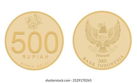 Vector de monedas de 500 rupias delante y detrás en color oro amarillo