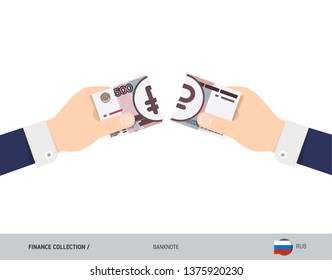500 Russian Ruble Banknote. Hands tearing banknote. Flat style vector illustration. Business finance concept.