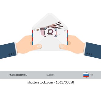 500 Russian Ruble Banknotes in envelope hold in hand. Flat style opened white envelope with cash. Salary payout or corruption concept.