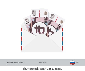500 Russian Ruble Banknotes in envelope. Flat style opened white envelope with cash. Salary payout or corruption concept.