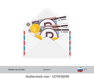 500 Russian Ruble Banknotes. Flat style opened envelope with cash. Russian Ruble banknotes and coins. Salary payout or corruption concept.