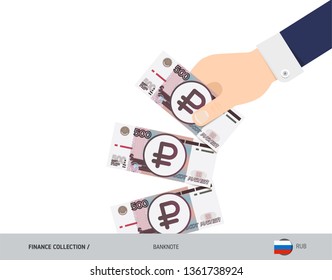 500 Russian Ruble Banknotes. Hand throwing banknotes. Flat style vector illustration. Waste of money concept.