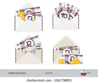 500 Russian Ruble Banknotes. Set of flat style opened envelopes with cash. Isolated white paper envelope with moneys. Finance concept.