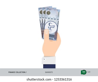 500 Saudi Arabia Riyal Banknote. Hand gives money. Flat style vector illustration. Salary payout or corruption concept.