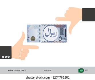 500 Saudi Arabia Riyal Banknote. Business hands measuring banknote. Flat style vector illustration. Business finance concept.