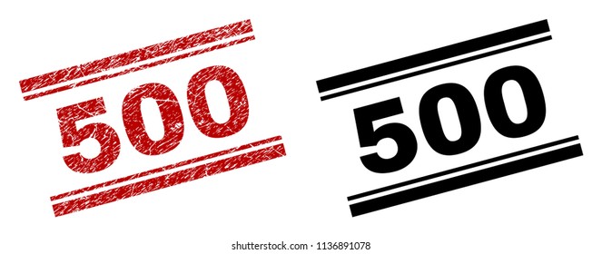 500 stamp seal print with red corroded and clean black version. Red vector rubber print of 500 title with dust texture. Tags are placed between double parallel lines.