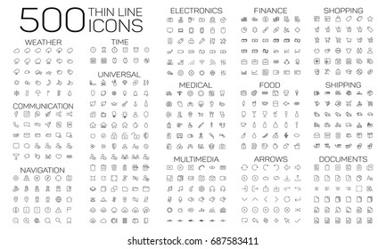 500 thin line icons set of medical, multimedia, finance, food, arrows, shopping, shipping, documents, weather and navigation