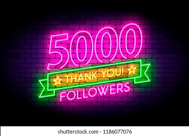 5000, 5K followers neon sign on the wall. Realistic neon sign with number of followers on the ribbon with stars. Vector illustration for celebrating a large number of subscribers in social networks.