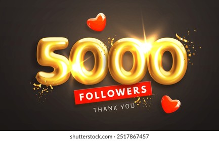 5000 followers celebration banner. Thank you 5k follower peoples. Glossy golden 3d numbers and red hearts in realistic style. Design for channel, group in social network. Vector illustration