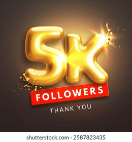 5000 followers celebration banner. Thank you 5k follower peoples. Glossy golden 3d numbers in realistic style on black background. Design for channel, group in social network. Vector illustration