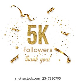 5000 followers celebration square vector banner. Social media achievement poster. 5k followers thank you lettering. Golden sparkling confetti ribbons. Shiny gratitude text on white backdrop.