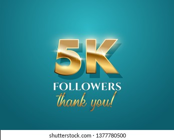 5000 followers celebration vector banner with text. Social media achievement poster. 5k followers thank you lettering. Shiny gratitude text on azure gradient backdrop