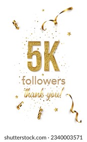 5000 followers celebration vertical vector banner. Social media achievement poster. 5k followers thank you lettering. Golden sparkling confetti ribbons. Shiny gratitude text on white backdrop.