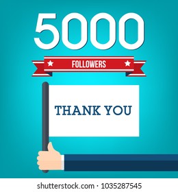 5000 followers illustration and a hand holding flag with thank you message, flat design vector illustration.