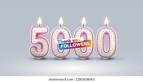 5000 seguidores de usuarios en línea, velas de felicitación en forma de números. Ilustración del vector