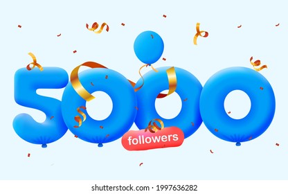 5000 seguidores te agradecen los globos azules 3d y los confetti coloridos. Ilustración vectorial 3d números para los medios sociales 5K seguidores, Gracias seguidores, blogger celebra suscriptores, me gusta