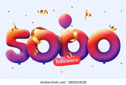 5000 followers thank you 3d blue balloons and colorful confetti. Vector illustration 3d numbers for social media 5K followers, Thanks followers, blogger celebrates subscribers, likes