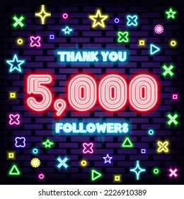 5000 Followers Thank you Neon signboards. On brick wall background. Light art. Isolated on black background. Vector Illustration