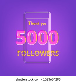 5000 Followers thank you phrase with random items. Template for social media post. Glitch chromatic aberration style. Ultra violet palette colors. 5K subscribers banner. Vector illustration.