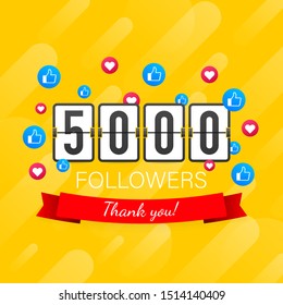 5000 seguidores, Gracias, sitios sociales publican. Gracias, seguidores, tarjeta de felicitación. Ilustración de material vectorial