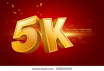 5000 Símbolo de Número o Símbolo de Apreciación de Seguidor. 5K Number Plantilla es una fuente de color amarillo dorado 3D. Uso para la promoción publicitaria en el Blog o el diseño del poste. Archivo de Ilustración vectorial 3D.