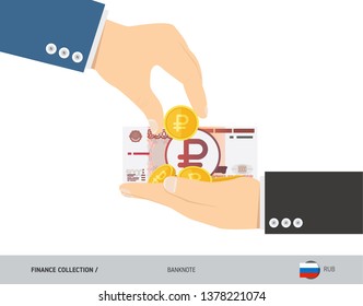 5000 Russian Ruble banknote and coins in the palm of hands. Flat style vector illustration. Finance concept.