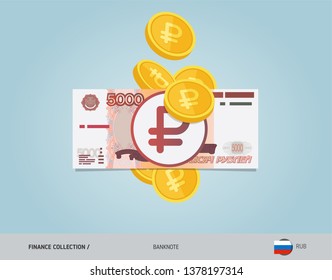 5000 Russian Ruble banknote with flying coins. Flat style vector illustration. Finance concept.