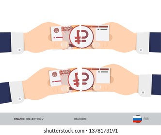 5000 Russian Ruble Banknote. Hands tearing banknote set. Flat style vector illustration. Business finance concept.