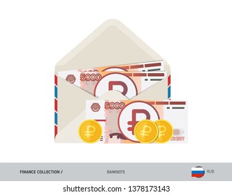 5000 Russian Ruble Banknotes and coins. Flat style opened envelope with cash. Salary payout or corruption concept.