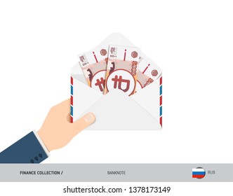 5000 Russian Ruble Banknotes in envelope hold in hand. Flat style opened white envelope with cash. Salary payout or corruption concept.
