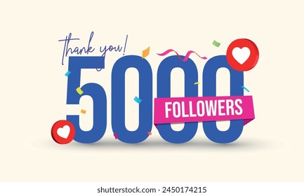 5000 Subscribers. Thank you for 5000 subscribers on social media. Five thousand or 5k followers thank you, social media celebration banner with heart icons, confetti on colourful white background.