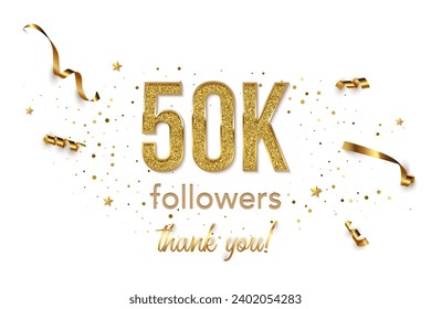 50000 followers celebration horizontal vector banner. Social media achievement poster. 50k followers thank you lettering. Golden sparkling confetti ribbons. Shiny gratitude text on white backdrop.