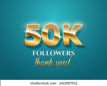 50000 followers celebration vector banner with text. Social media achievement poster. 50k followers thank you lettering. Shiny gratitude text on azure gradient backdrop