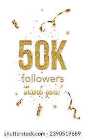 50000 followers celebration vertical vector banner. Social media achievement poster. 50k followers thank you lettering. Golden sparkling confetti ribbons. Shiny gratitude text on white backdrop.