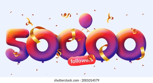 50000 followers thank you 3d blue balloons and colorful confetti. Vector illustration 3d numbers for social media 50K followers, Thanks followers, blogger celebrates subscribers, likes