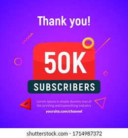 50000 followers vector post 50k celebration. Fifty thousands subscribers followers thank you congratulation