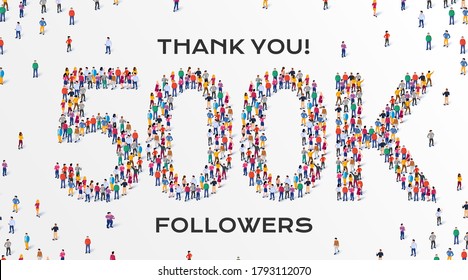 500K Followers. Group of business people are gathered together in the shape of 500000 word, for web page, banner, presentation, social media, Crowd of little people. Teamwork. Vector illustration