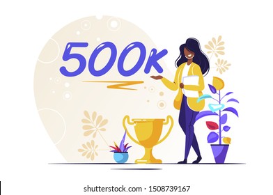 500K Followers Isometric Vector Concept, Group of business people are gathered together in the shape of 50000 word, for web page, banner, presentation, social media, Crowd of little people. teamwork