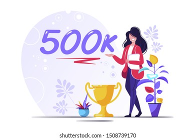 500K Followers Isometric Vector Concept, Group of business people are gathered together in the shape of 50000 word, for web page, banner, presentation, social media, Crowd of little people. teamwork