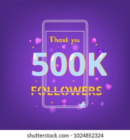 500K Followers thank you phrase with random items. Template for social media post. Ultra violet palette colors. 500000 subscribers banner. Vector illustration. 