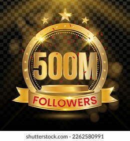 500M Seguidores Logotipo con Oro y Confetti Rojo Aislado en Fondo Negro (PNG), Diseño Vector para Tarjeta de Saludo y Medios Sociales.