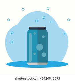 A 500ml generic metal soda can with painted bubbles on its packaging, entirely in shades of blue or light blue, with gray on a transparent background surrounded by circles representing gases.