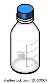 A 500ml laboratory storage bottle with a blue screw top lid. With 100mL graduations.