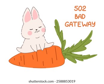 502 bad gateway text with a confused kawaii rabbit. Soft pastel tones vector illustration. Perfect for website, online stores, UI UX design, social media and banners