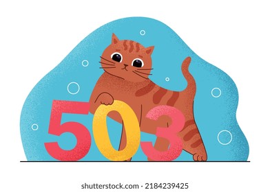 503 Error Concept. Incorrectly Entered Link Or Error In Webpage Code, Problems With Internet. Cute Poster Or Banner For Website. Adorable Cat With Colorful Numbers. Cartoon Flat Vector Illustration