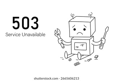 503 Service Unavailable error page, broken robot isolated in white background	